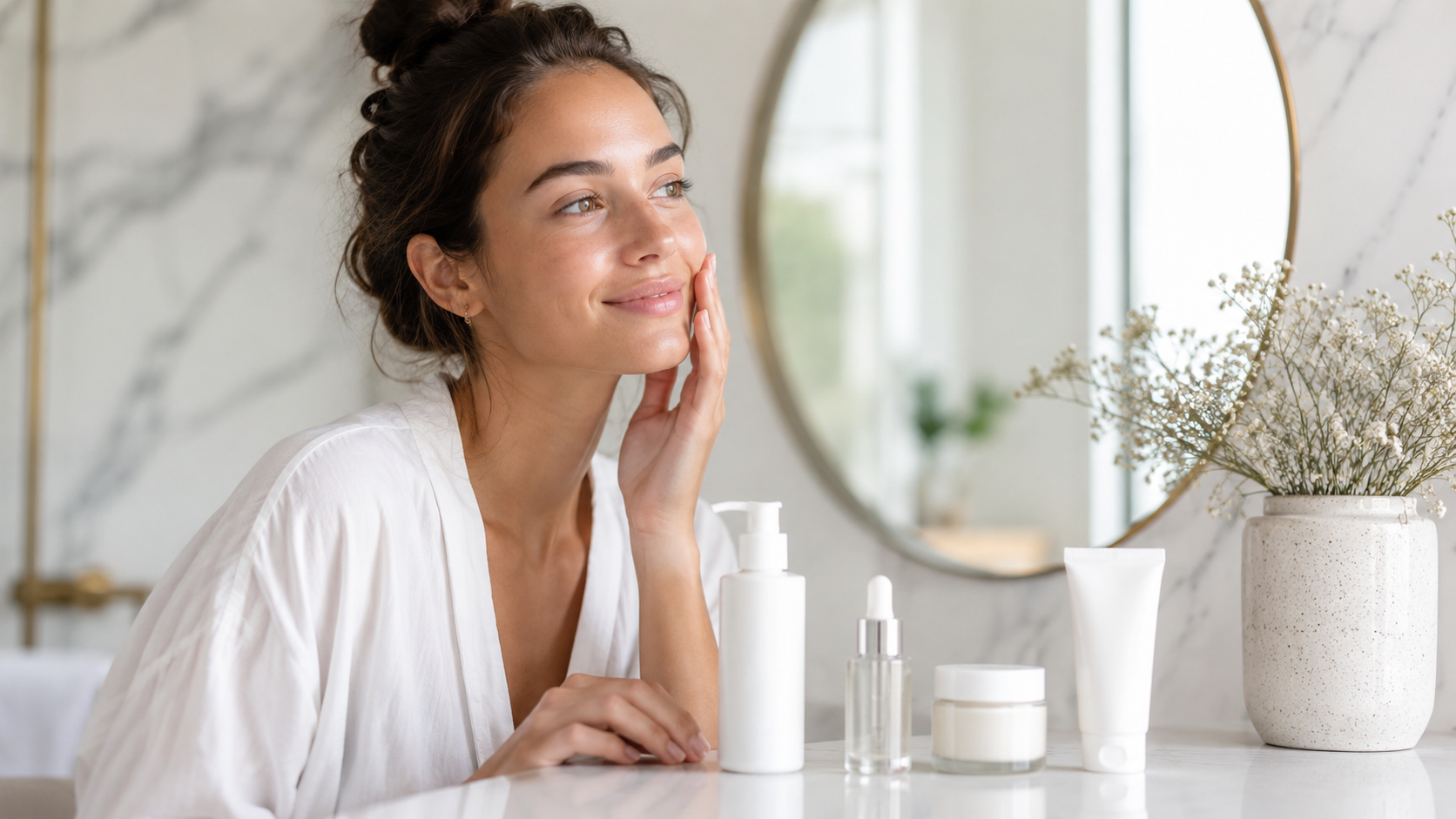 Eenvoudige skincare routine voor drukke dagen met reiniger serum crème en SPF