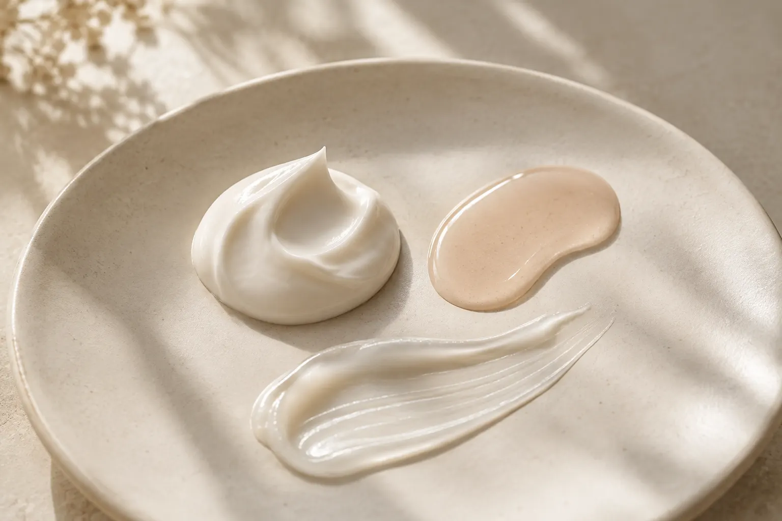 Drie huidverzorgingstexturen op ivoorkleurig keramiek: een crème, een licht getinte fluid en een gel-crème.