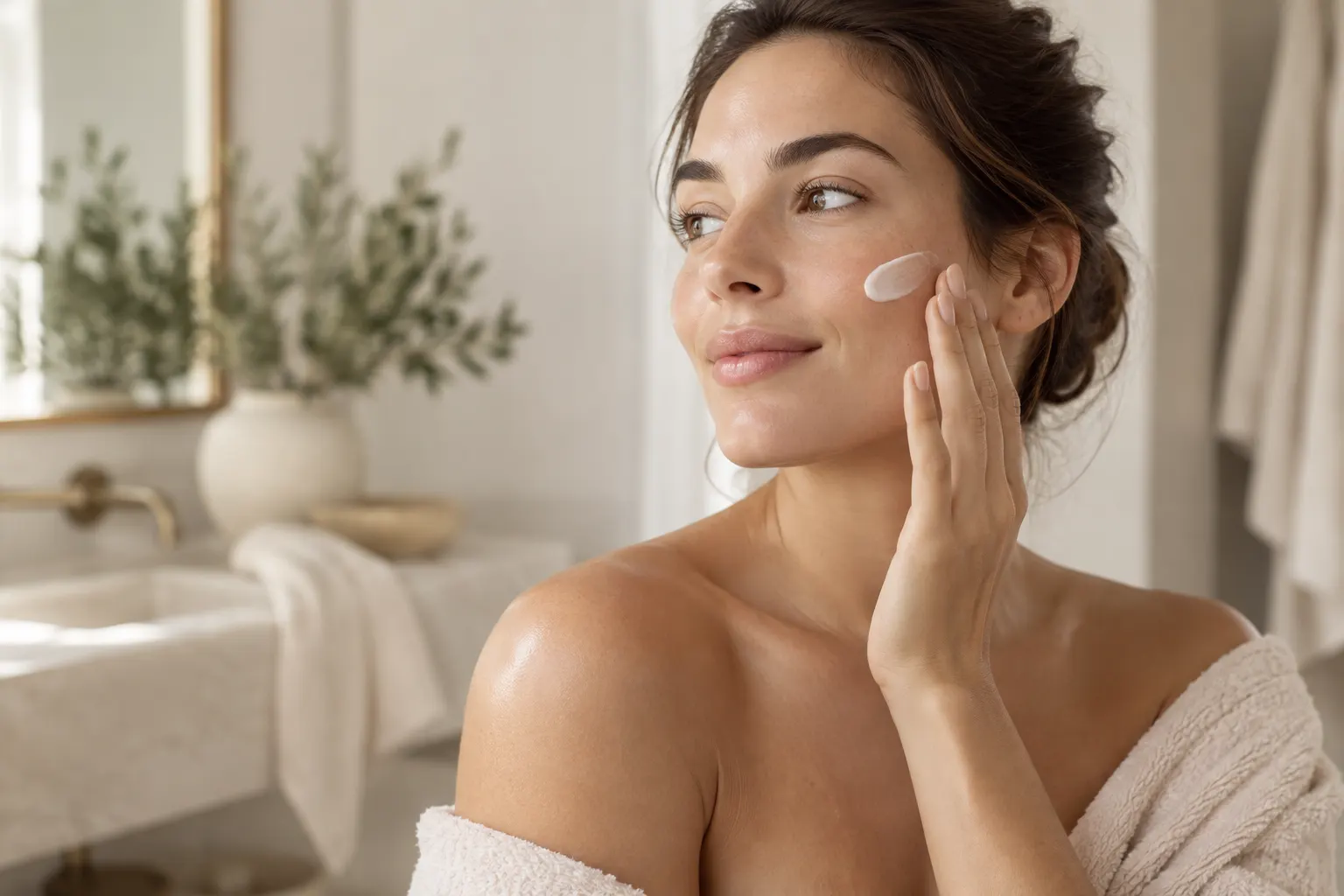 Vrouw die met haar vingertoppen crème op haar wang aanbrengt tijdens haar ochtendroutine.