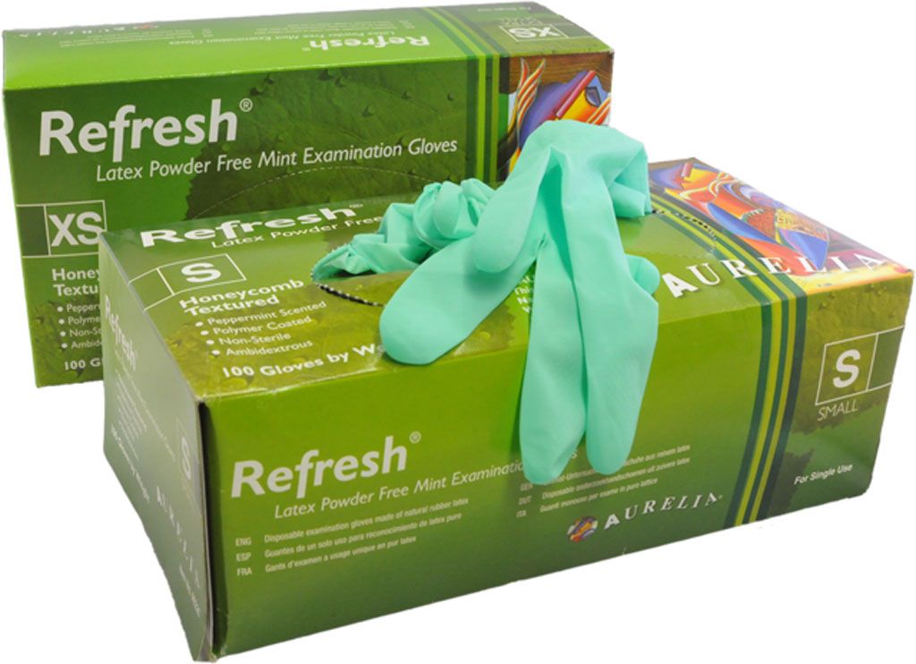 Groene Aurelia Refresh latex handschoenen, poedervrij, maat M, verpakt per 100 stuks.