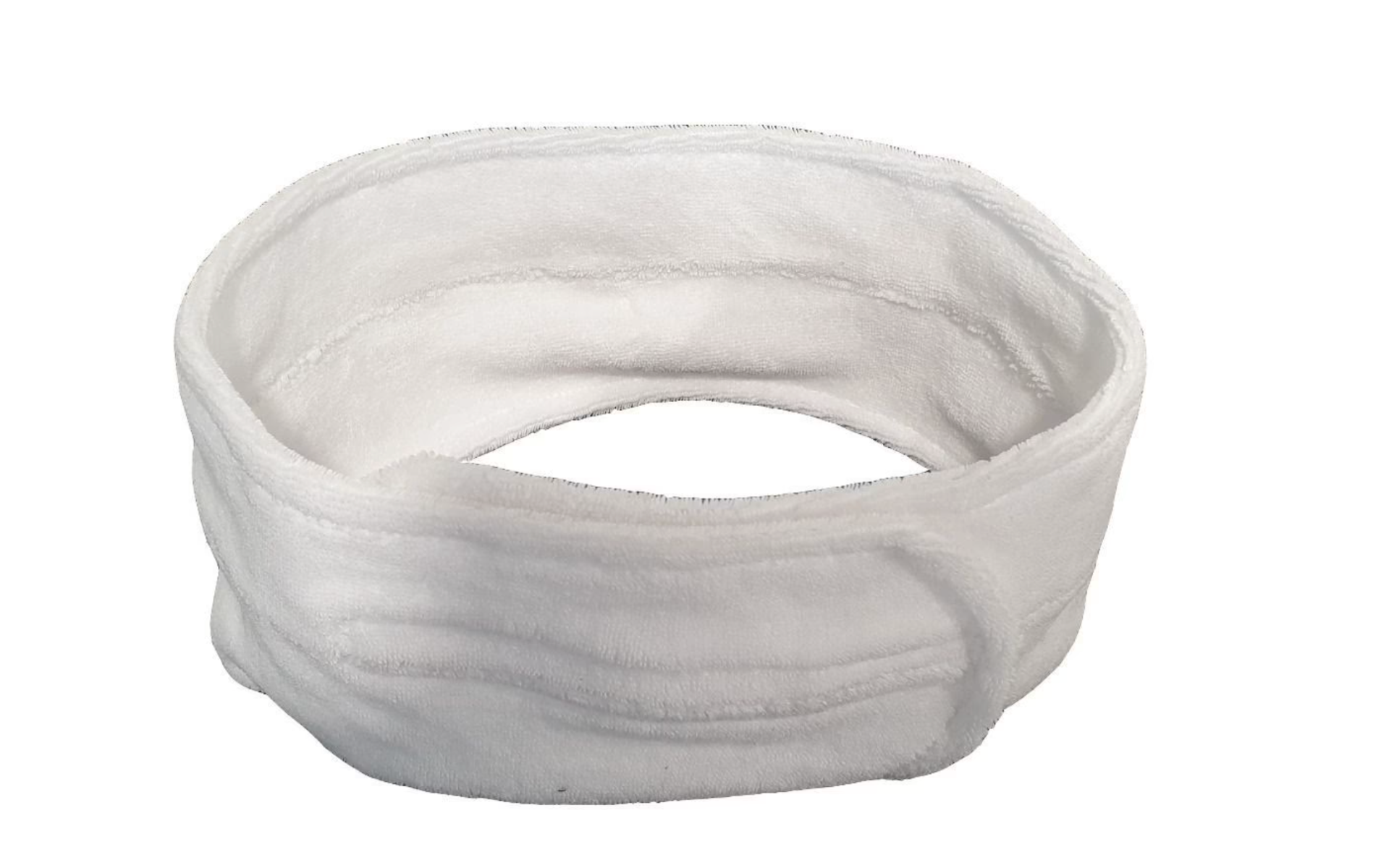 Witte terry bandeau met klittenbandsluiting, ideaal voor haarfixatie tijdens cosmetische behandelingen in een salon.