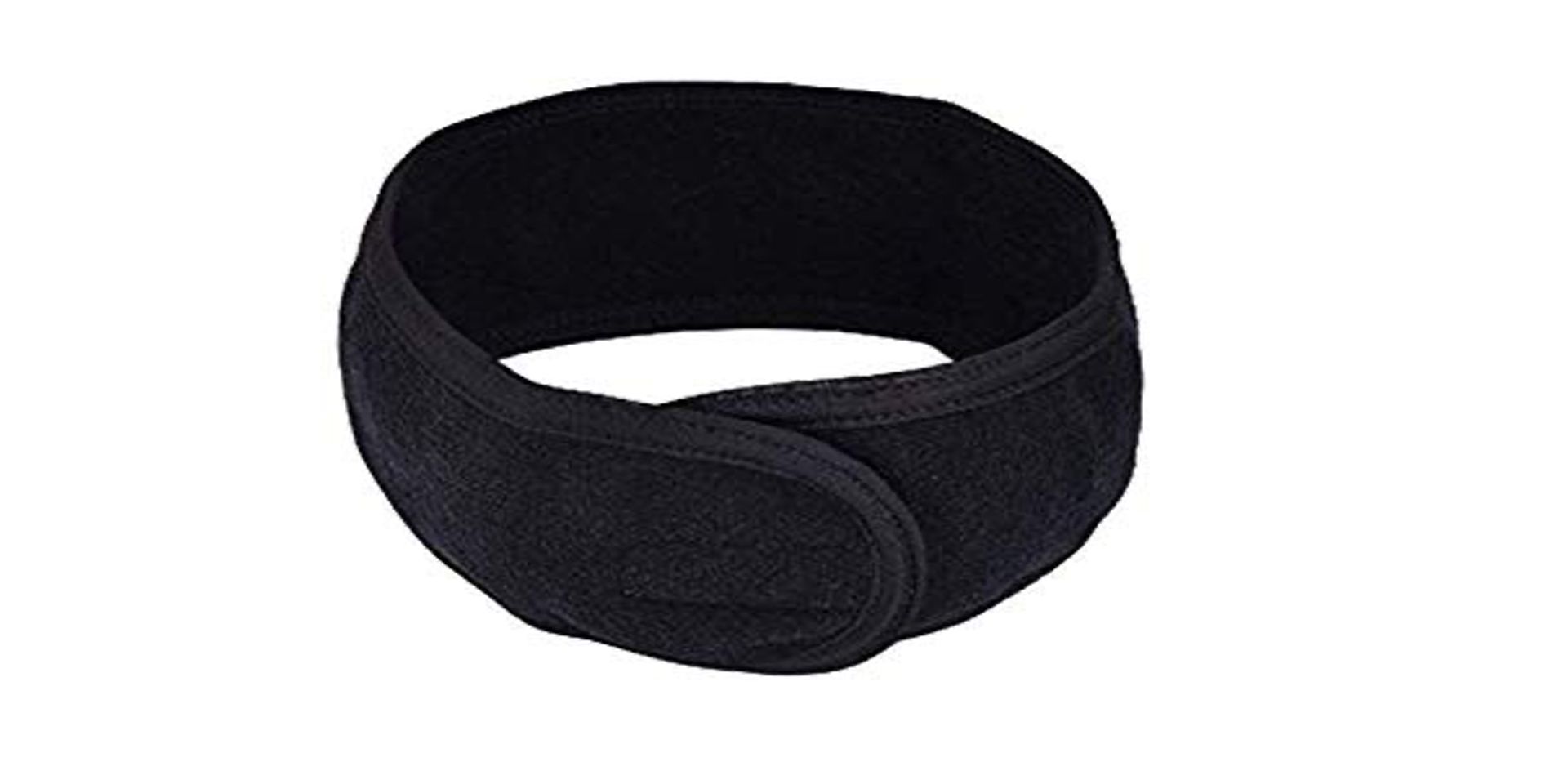 Zwarte terry bandeau met klittenbandsluiting, opgerold gepresenteerd, voor gebruik in schoonheidssalons.