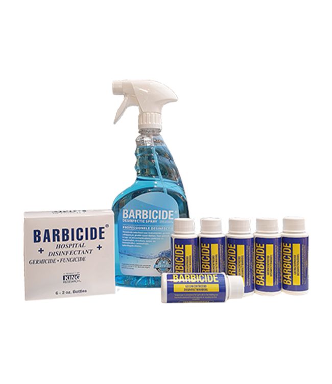 Doosje Barbicide Desinfectiebullets 6x60 ml met een blauwe lege sprayflacon ernaast