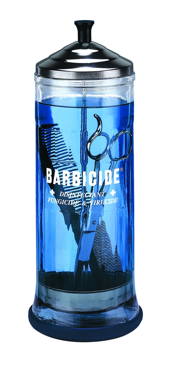 Barbicide Desinfectieflacon 1 Liter, gevuld met blauwe vloeistof en instrumenten erin
