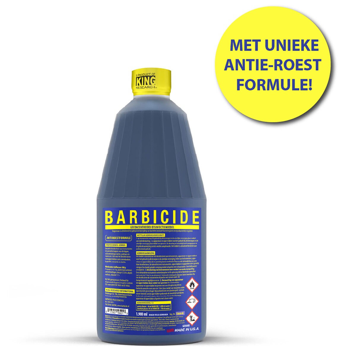 Grote blauwe fles Barbicide Desinfectievloeistof Concentraat van 1,9 Liter met het herkenbare Barbicide logo.