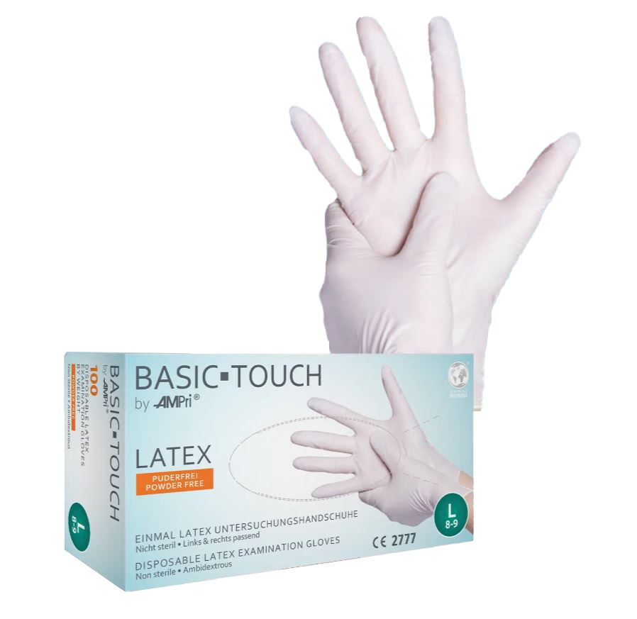 Witte Basic-Touch poedervrije latex handschoenen maat M, gestapeld in een doos van 100 stuks.