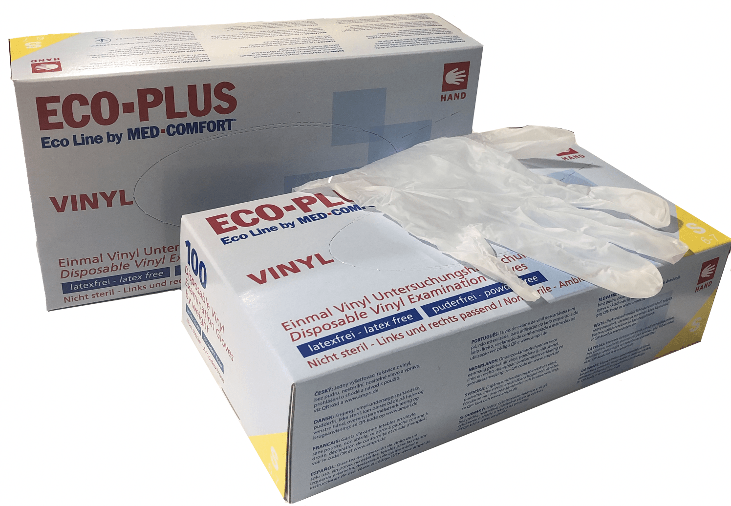 Pak van 100 Eco-Plus poedervrije vinyl handschoenen in maat XL, transparant van kleur.