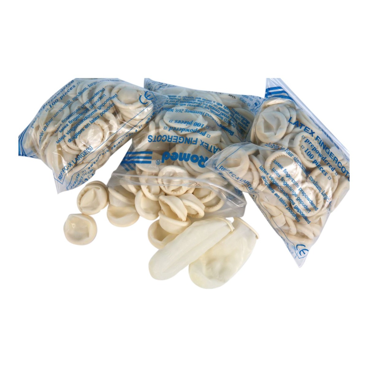 Afbeelding van latex vingerlingen in maat M, met de nadruk op flexibele vingerbescherming voor hygiënische toepassingen.
