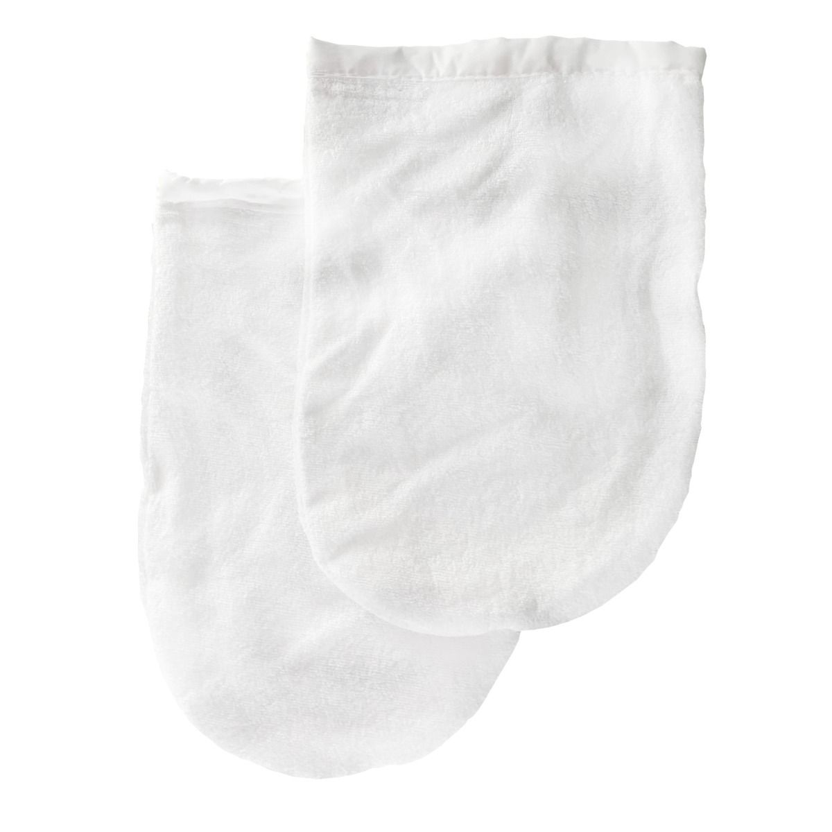 Paar witte badstof handschoenen voor paraffinebehandeling, op een neutrale achtergrond.