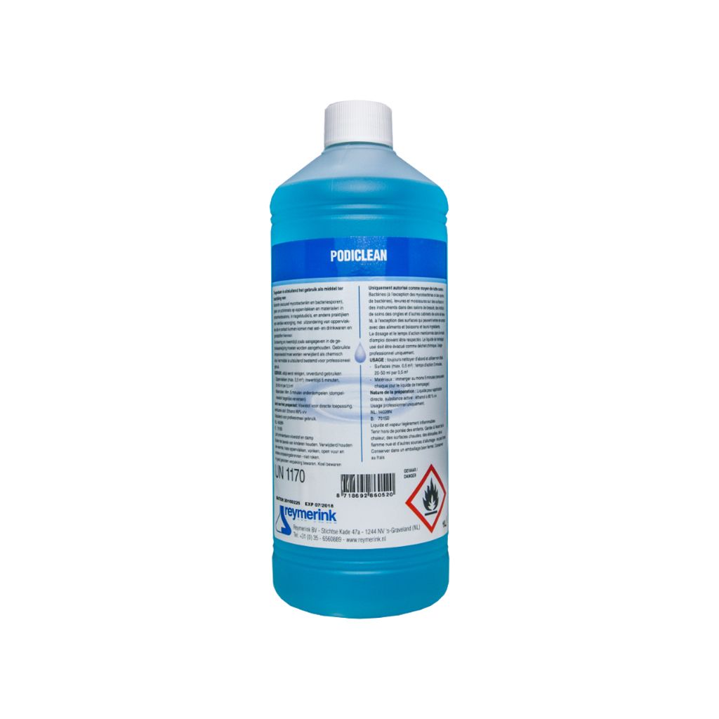 Fles Reymerink Podiclean desinfectiemiddel van 1 liter voor instrumenten en oppervlakken in salons.