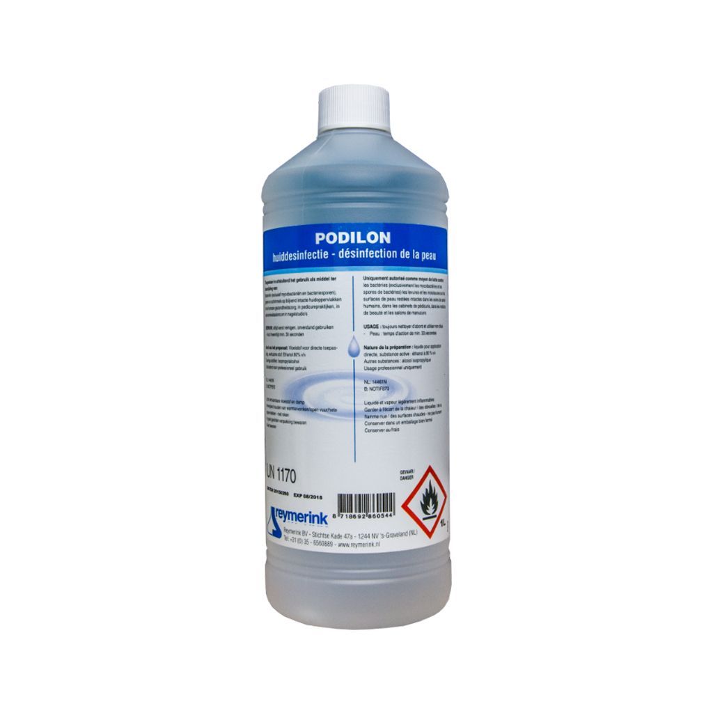 Fles Reymerink Podilon Huiddesinfectie van 1 liter met wit label en blauwe tekst, voor professionele salonhygiëne.