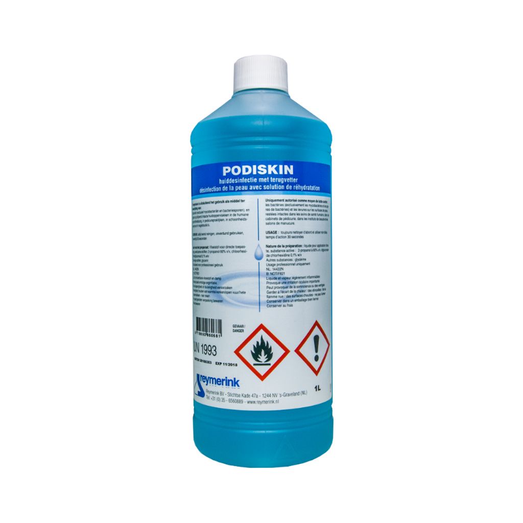 Witte fles Reymerink Podiskin Huiddesinfectie 1 liter met blauw etiket, prominent geplaatst op een neutrale achtergrond.