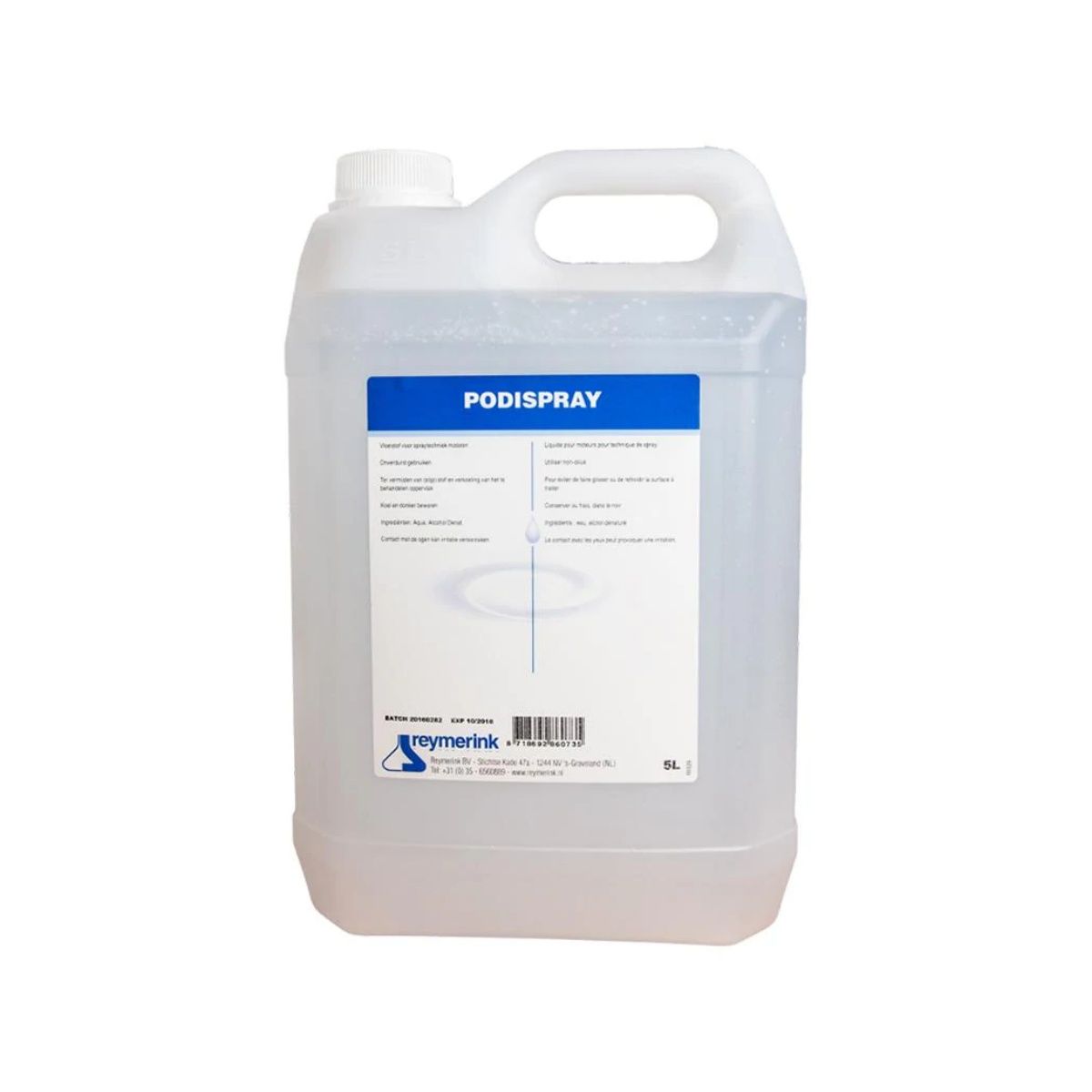 Grote fles van 5 liter Reymerink Podispray Naturel, een heldere vloeistof voor pedicuremotoren