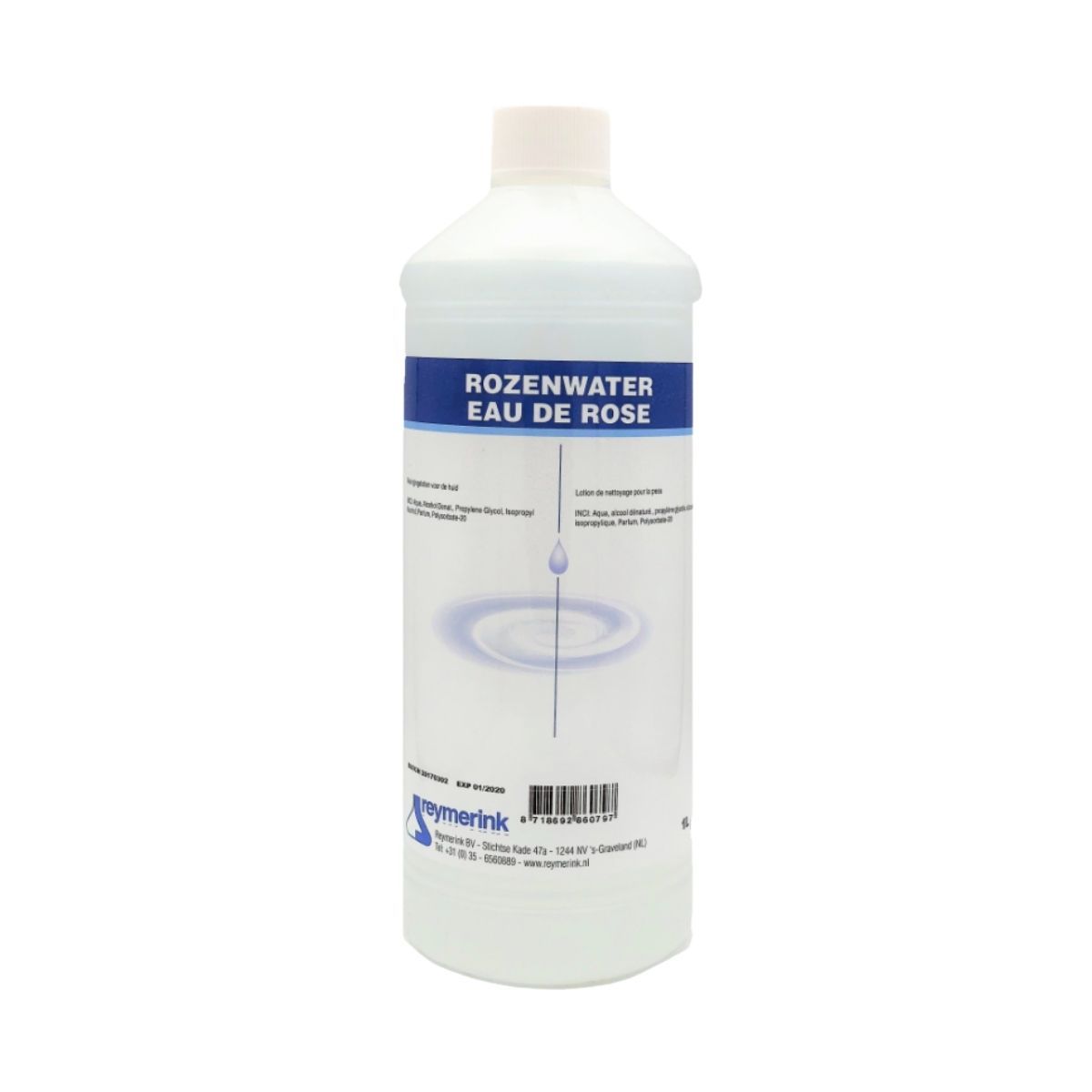 Grote fles Reymerink Rozenwater van 1 liter met klassiek etiket, ideaal voor professioneel gebruik.
