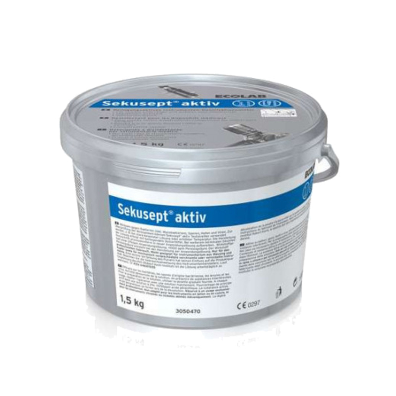 Sekusept Aktiv desinfectie- en reinigingspoeder in een witte pot van 1.5 kg, met blauwe en groene details op het etiket.
