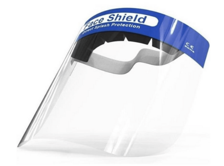 Universeel Face Shield gezichtsbeschermer met transparant vizier en witte hoofdband, van voren gezien.