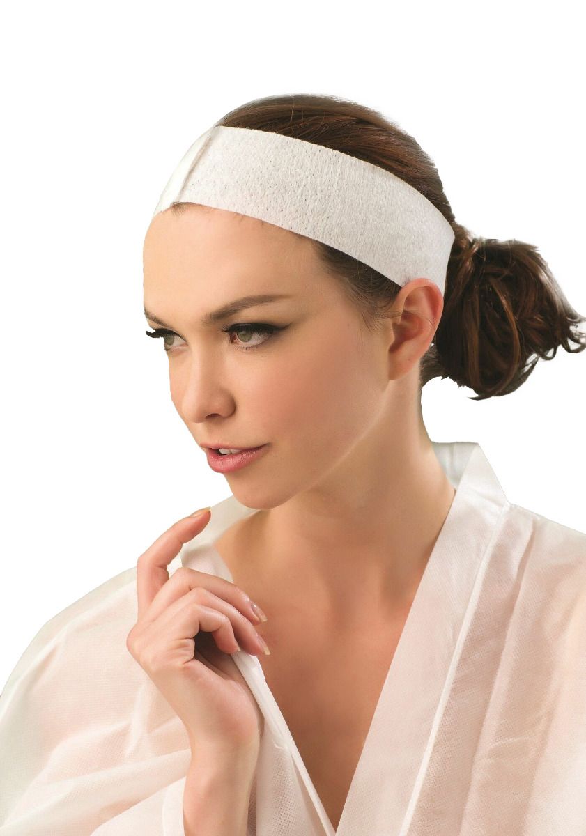 Witte wegwerp stretch bandeau met klittenbandsluiting, verpakt per 100 stuks, voor gebruik in salons.