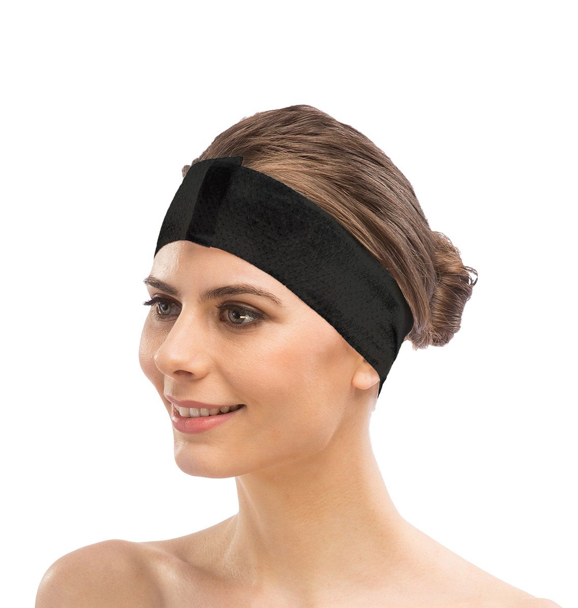 Pak van 100 zwarte wegwerp stretch bandeaus met klittenband, geschikt voor gezichtsbehandelingen in salons.