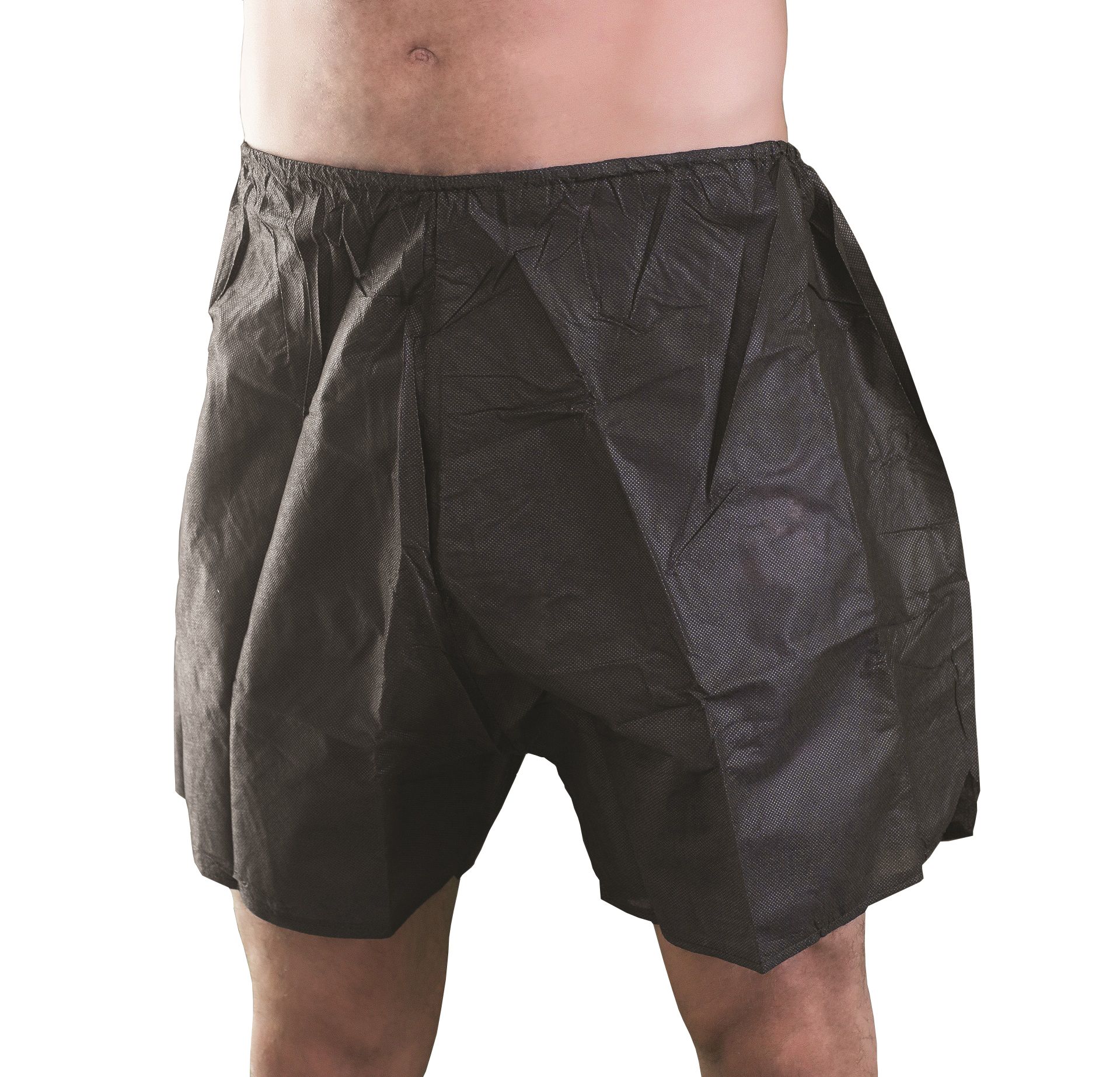 Zwarte wegwerpboxers voor heren, opgestapeld en op een rol afgebeeld, voor hygiënisch salongebruik