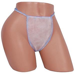 Pak van 100 witte dames wegwerpstrings met blauw elastiek, op een neutrale achtergrond.