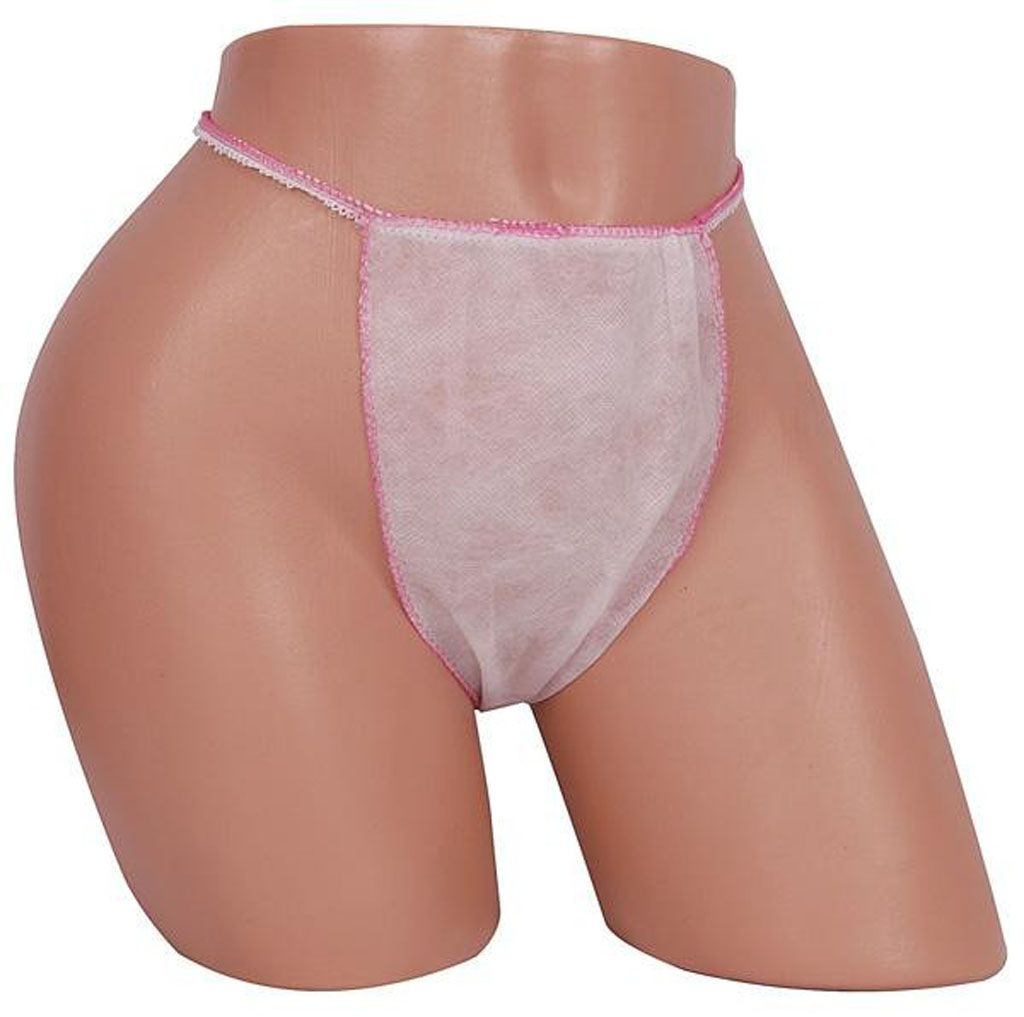 Witte wegwerpstrings voor dames met roze elastiek, verpakt per 100 stuks, voor salongebruik.