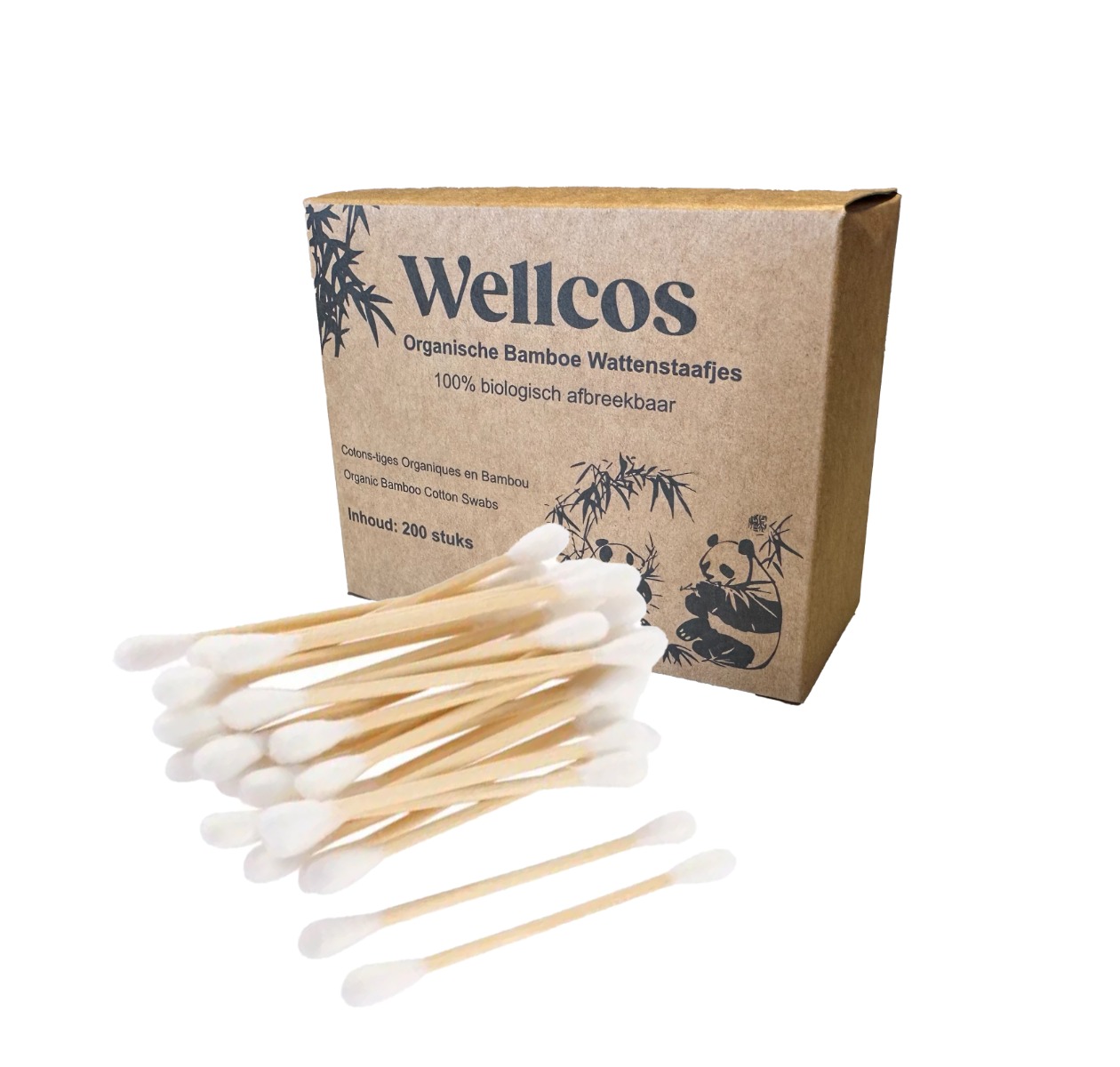 Pak Wellcos biologische bamboe wattenstaafjes van 200 stuks met zachte katoenen uiteinden en plasticvrije verpakking