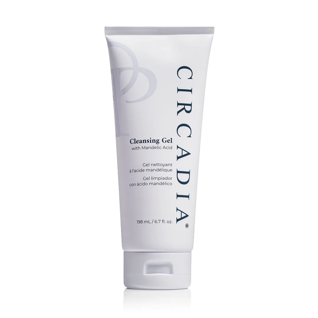 Witte tube Circadia Cleansing Gel with Mandelic Acid, 198 ml, met grijze en blauwe accenten en een witte dop.
