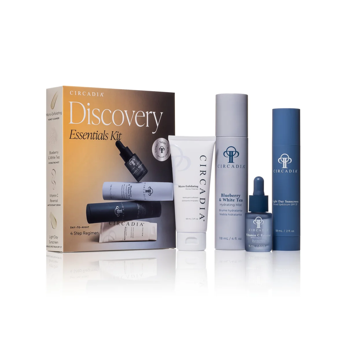 Circadia Discovery Essentials Regimen Kit met vier reisformaat producten: een cleanser, een hydrator, een serum en een zonnebrandcrème.