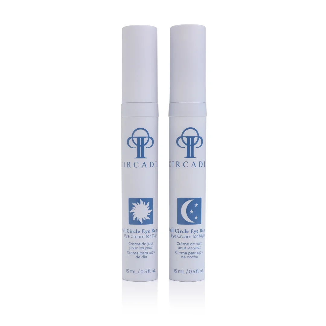 Verpakking van de Circadia Full Circle Eye Repair 2 x 15 ml, een oogcrème duo met een dag- en nachtformule in aparte dispensers.