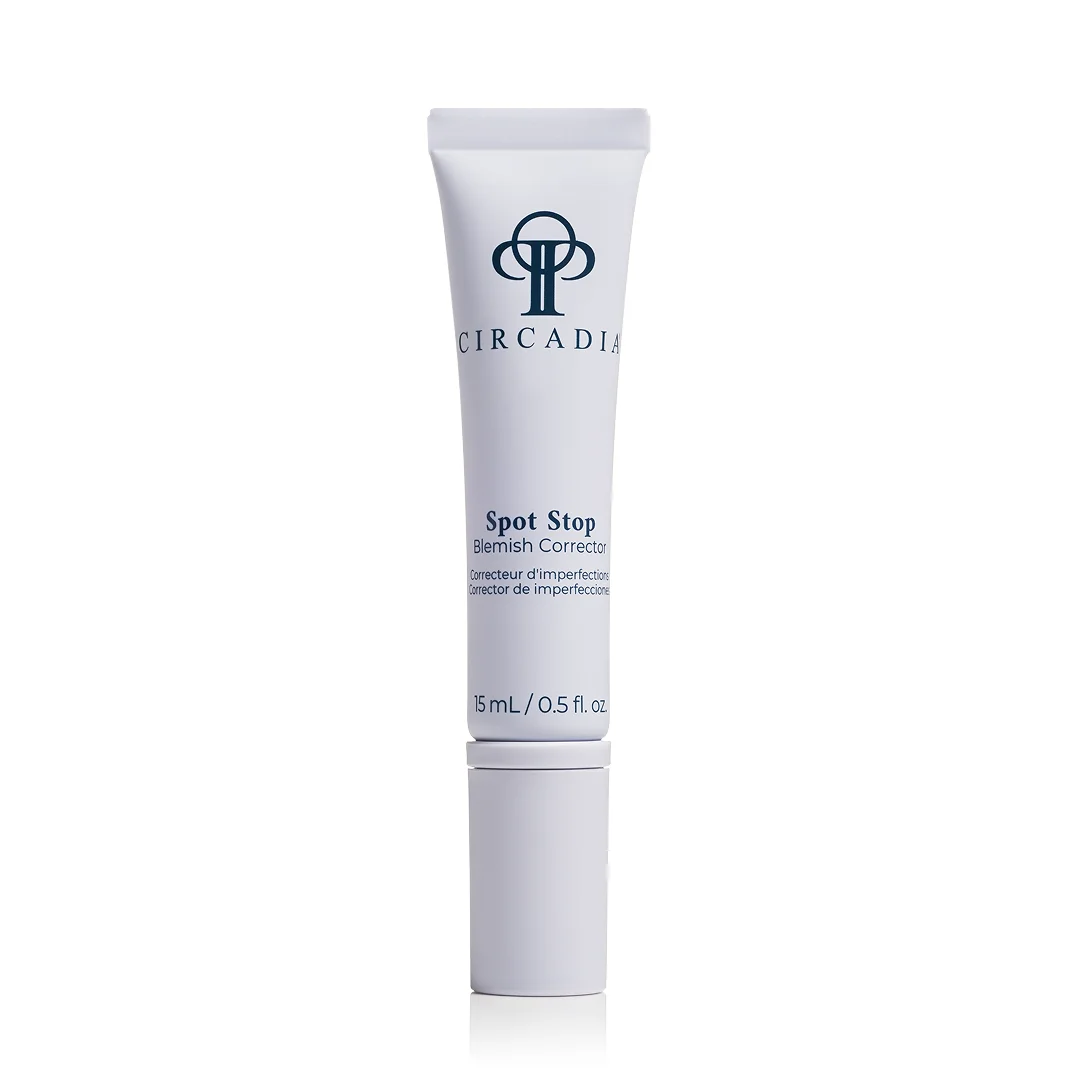 Witte tube Circadia Spot Stop 15 ml met zwarte dop en zwarte en blauwe belettering.